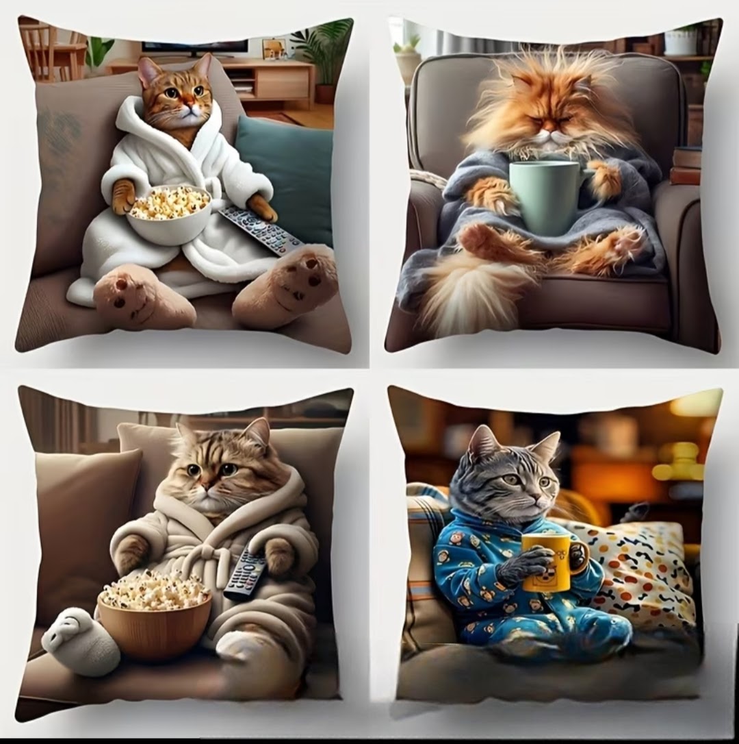 Lot de 4 taies de coussin – Chats en mode détente – 40 × 40 cm