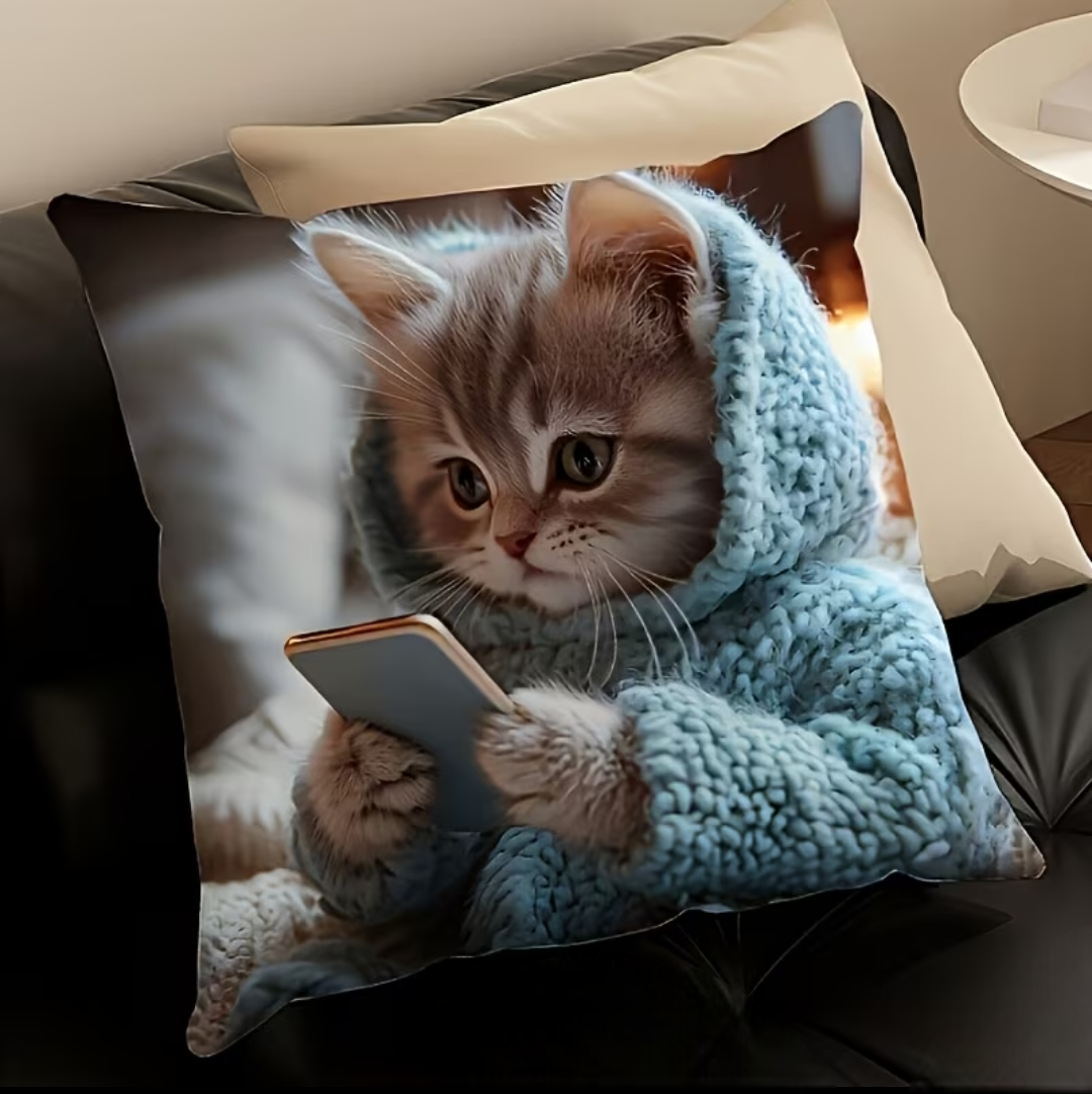 Taie de coussin – Chat seul au téléphone – 45 × 45 cm