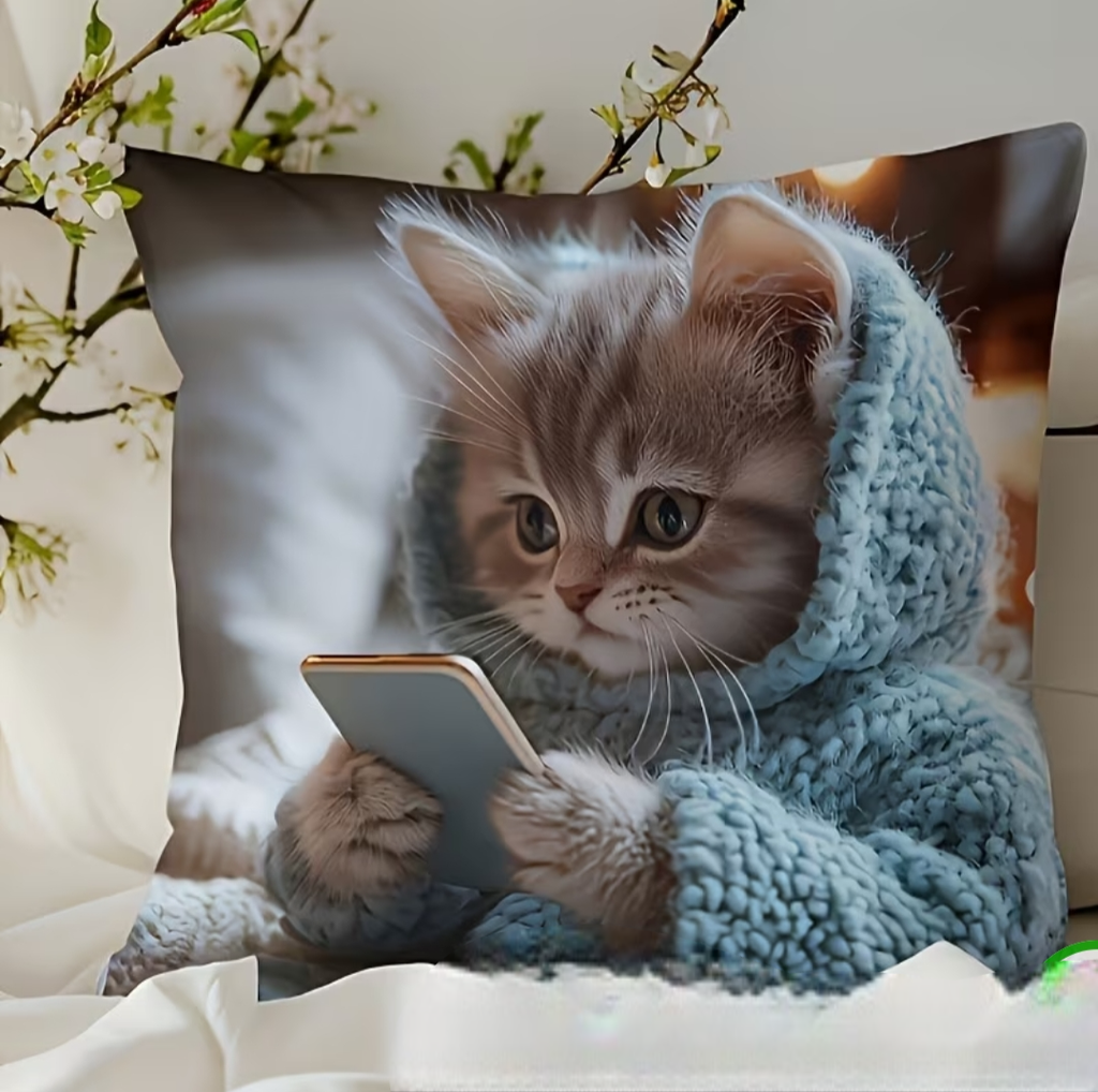 Taie de coussin – Chat seul au téléphone – 45 × 45 cm