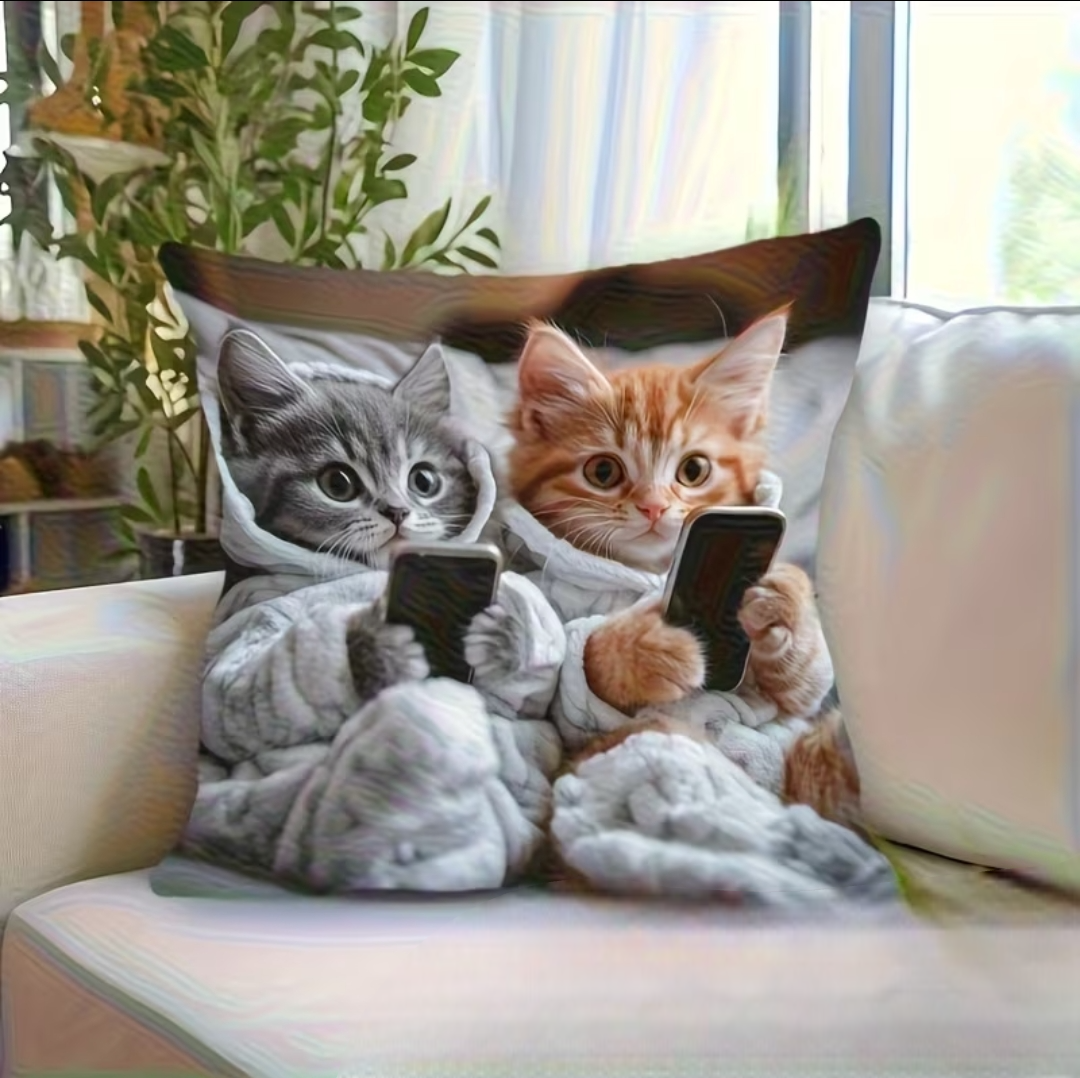 Taie de coussin deux chats au téléphone présentée sur un canapé