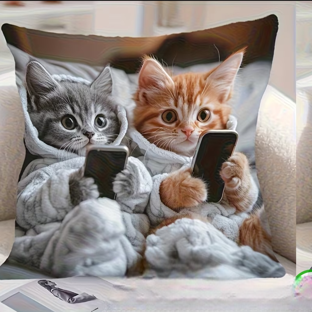 Taie de coussin avec deux chatons, gris et roux, en peignoir avec leurs téléphones