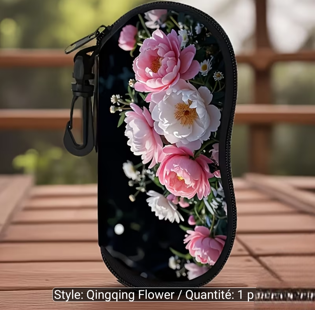 Étui à lunettes en néoprène avec imprimé fleurs de pivoine roses et blanches sur fond noir